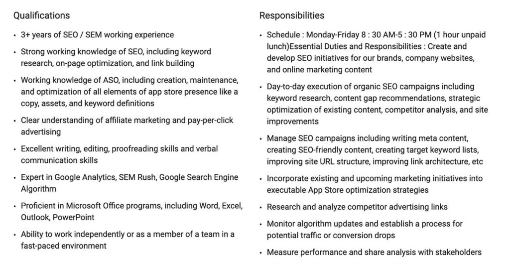 SEO Specialist Job Qualifications