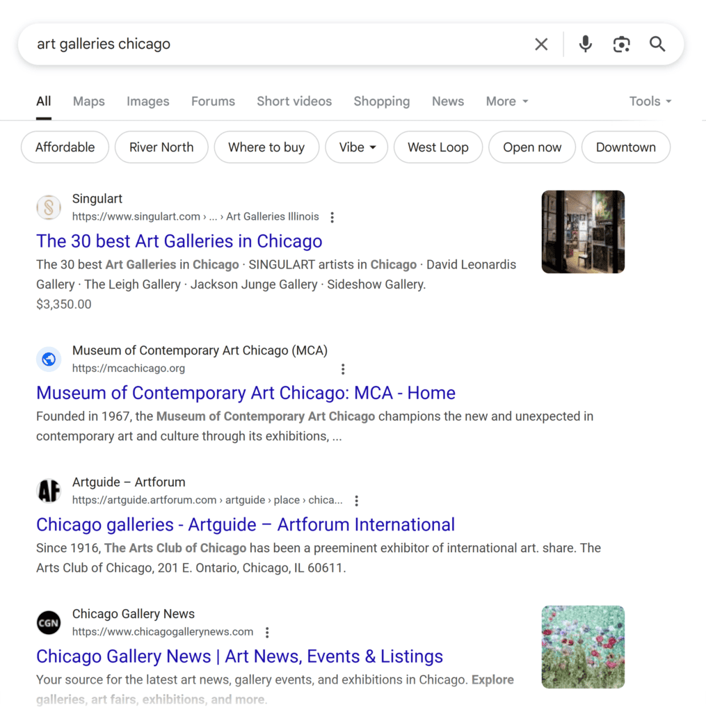 Google SERP – Art galleries Chicago