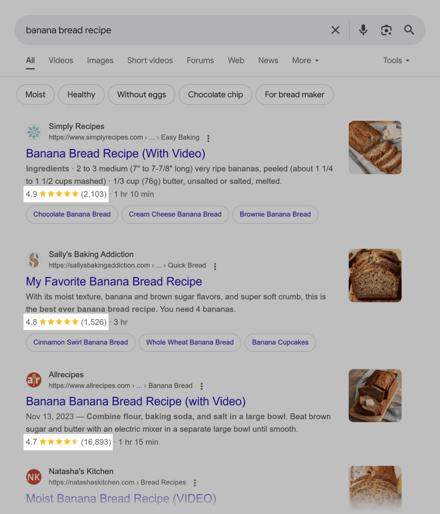 Google SERP – Banana Bread Recipe – Review