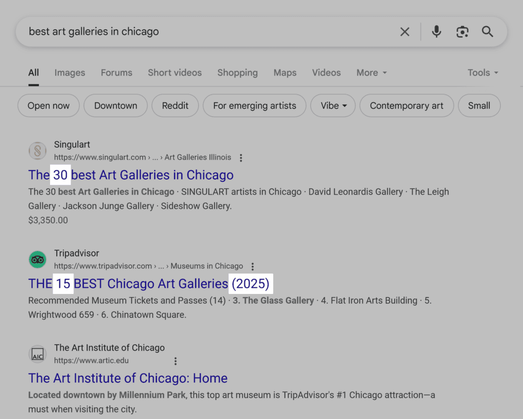 Google SERP – Best art galleries in Chicago
