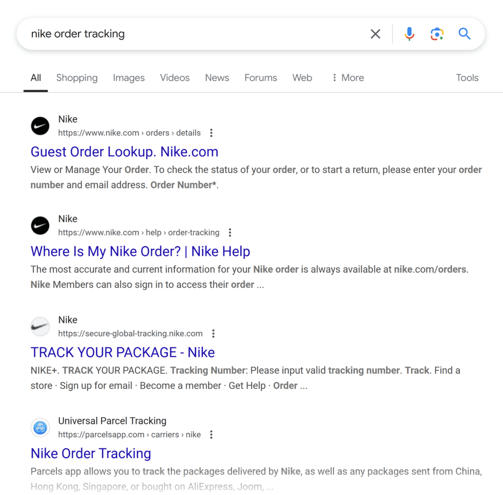 Google SERP – Nike order tracking