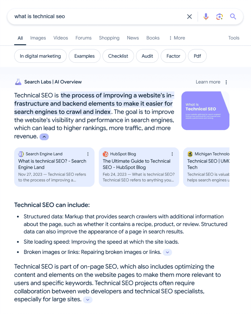 Google SERP – What is technical SEO – AI Overview