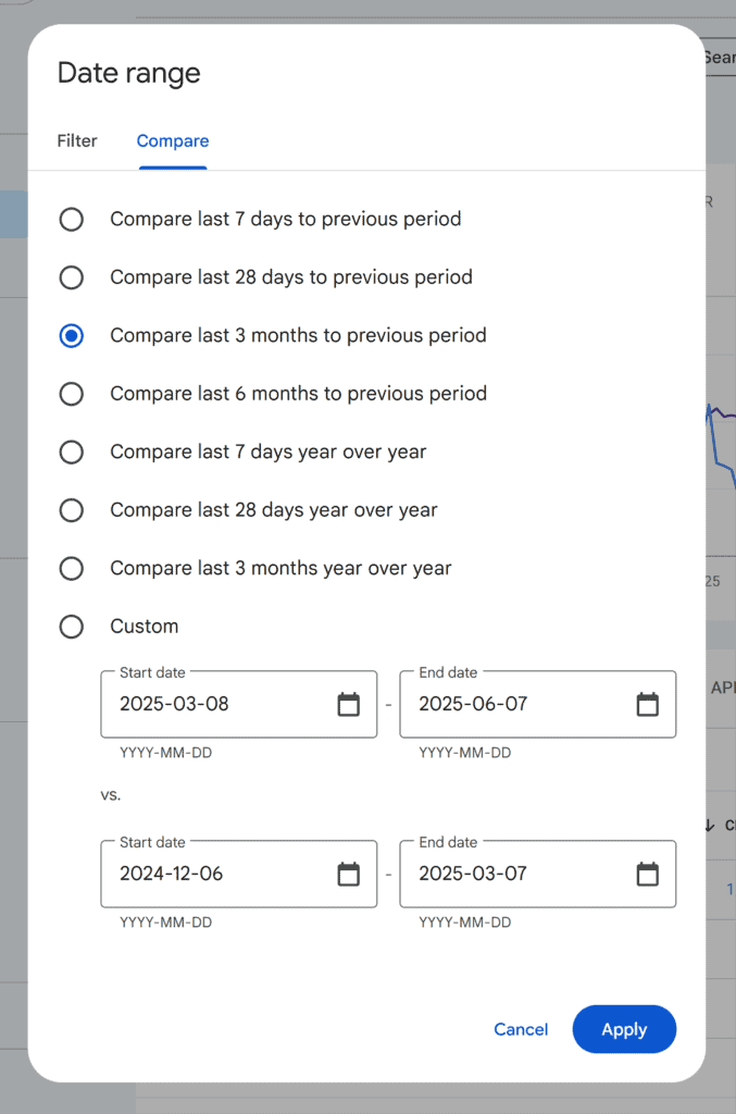 GSC – Performance – Date range compare