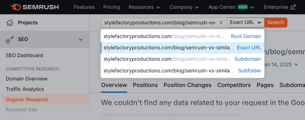 Organic Search – Exact URL – Search