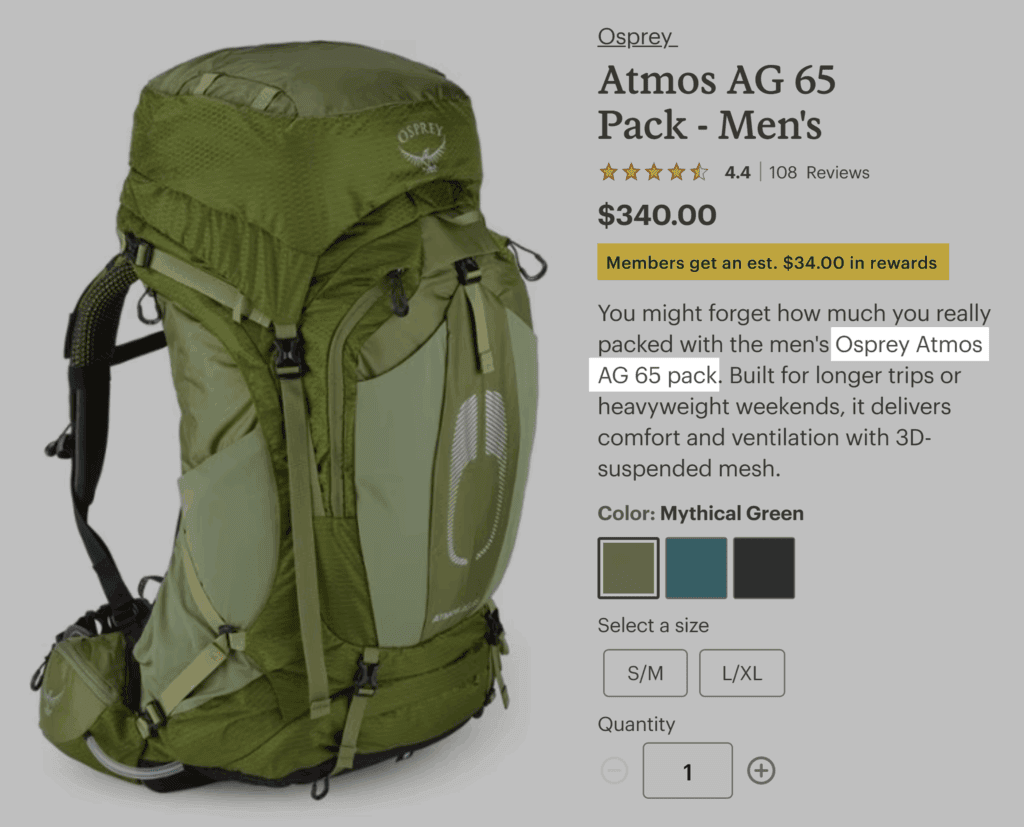 REI – Osprey Atmos AG 65 pack – Mens