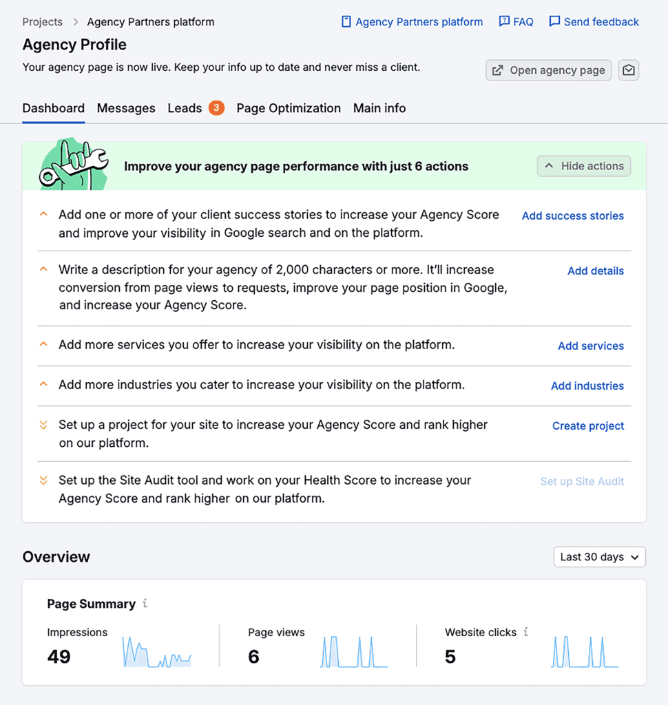 Semrush – Agency Partners platform – Agency Profile