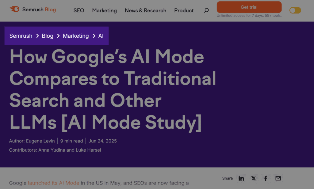 Semrush Blog – AI Mode Comparison Study – Breadcrumb