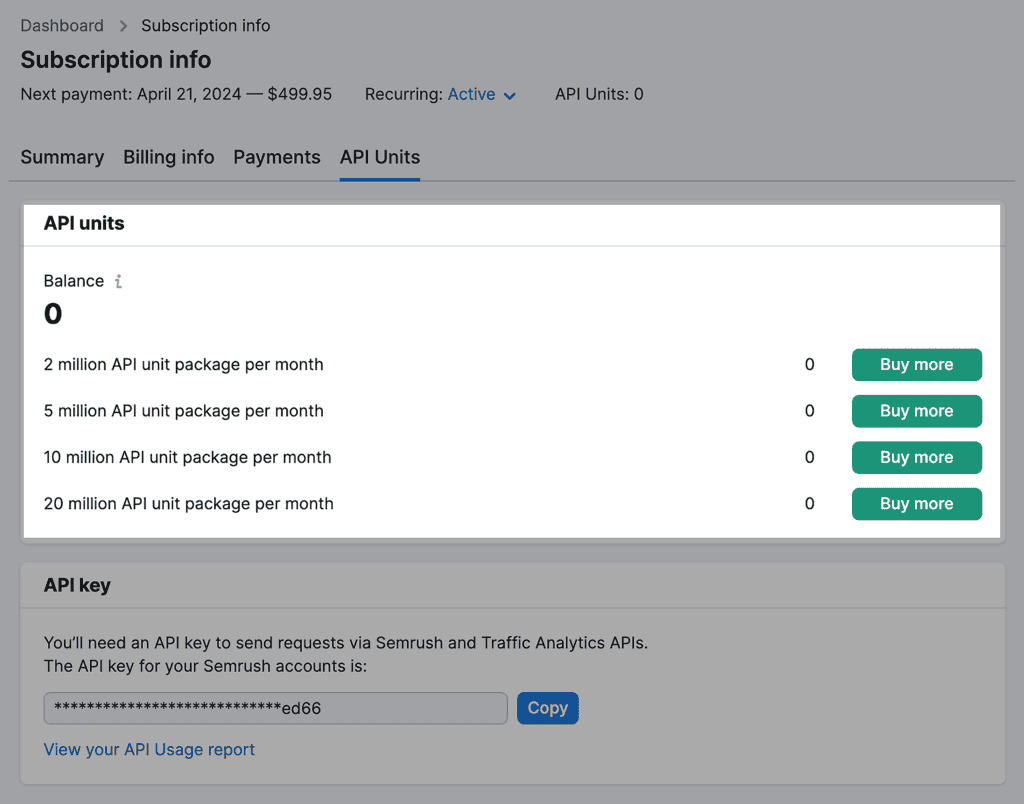 Semrush – Subscription Info – API Units