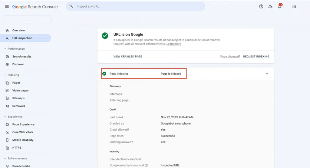 Inspect URL Tool in Google Search Console