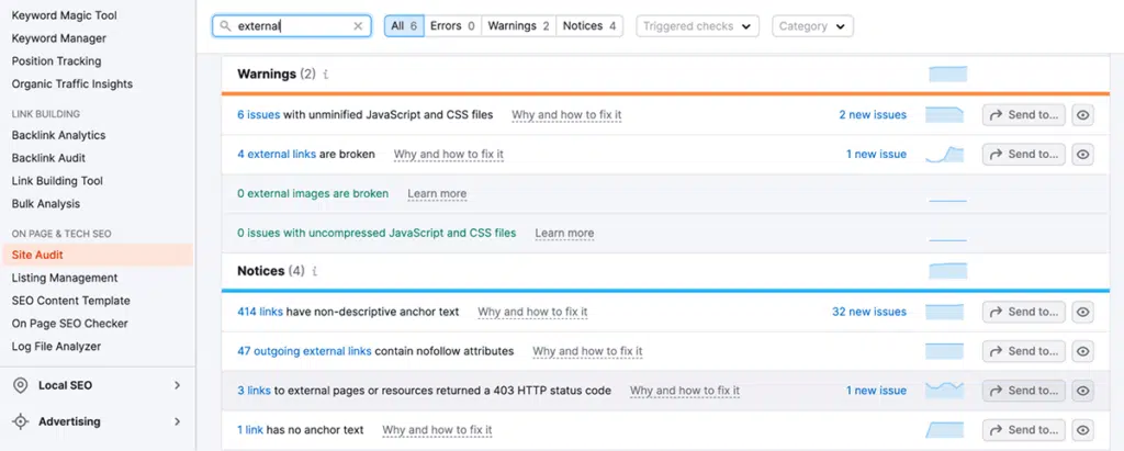 semrush site audit external links issues