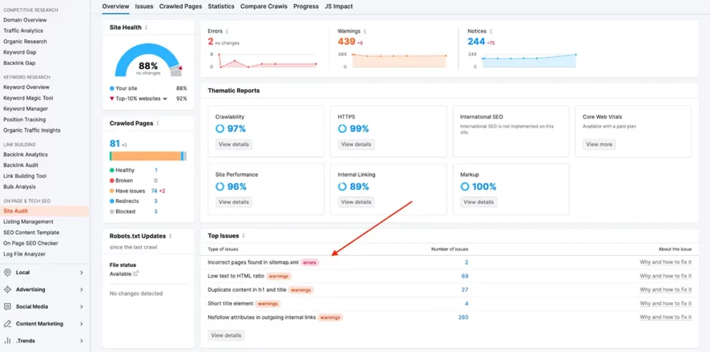 Semrush site audit