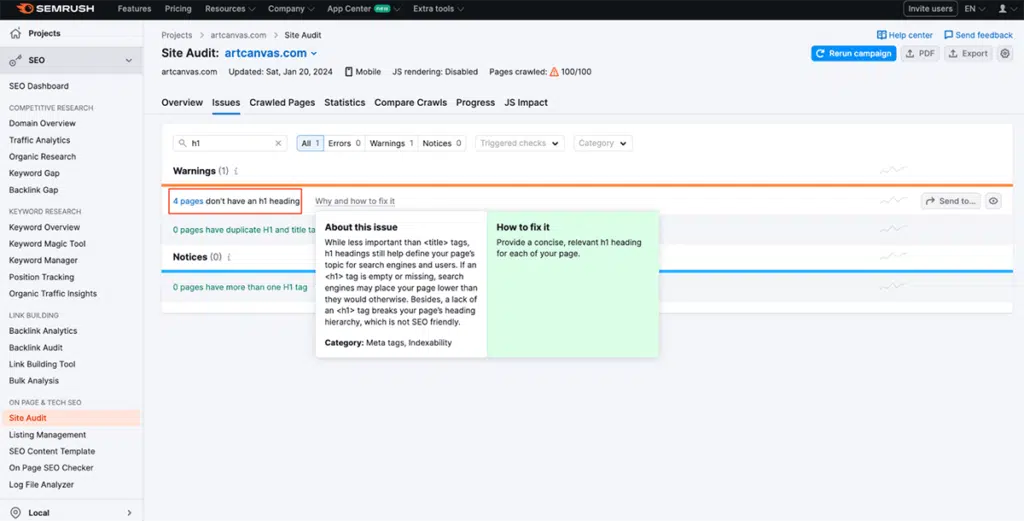 Semrush site health warnings