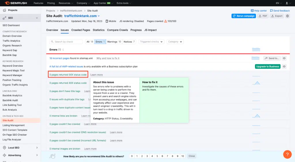 Semrush Site Audit 5xx status code Semrush Site Audit 5xx status code